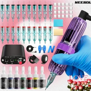 Neebol Complete Tattoo Machine Kit, 20 Cartridge Needles, 7 Inks, Rotary Tattoo Pen With Power Supply, Foot Pedal, Tattoo Supply